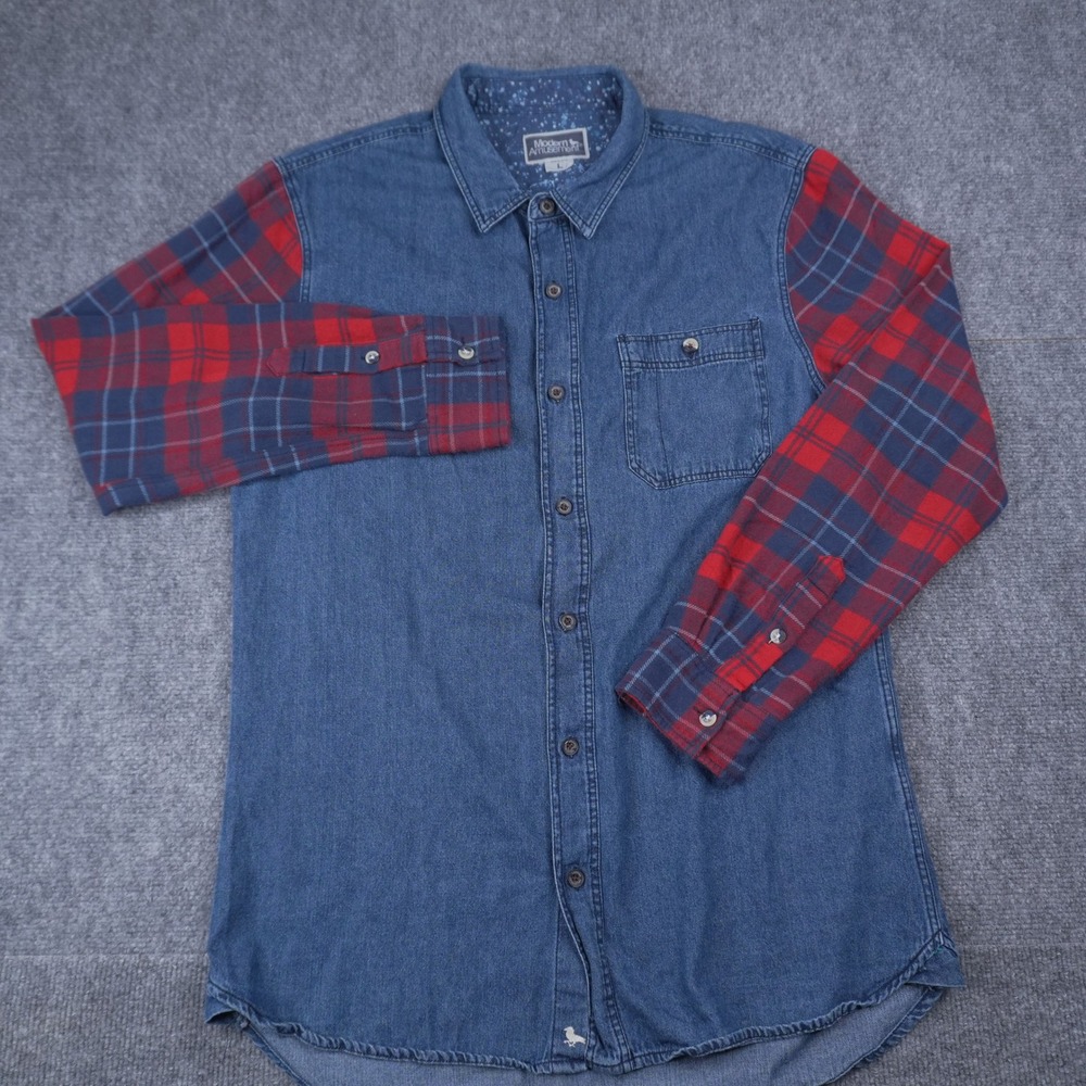 Modern Amusement Button Up Shirt Mens Large Blue Denim Red Plaid Flannel Sleeves